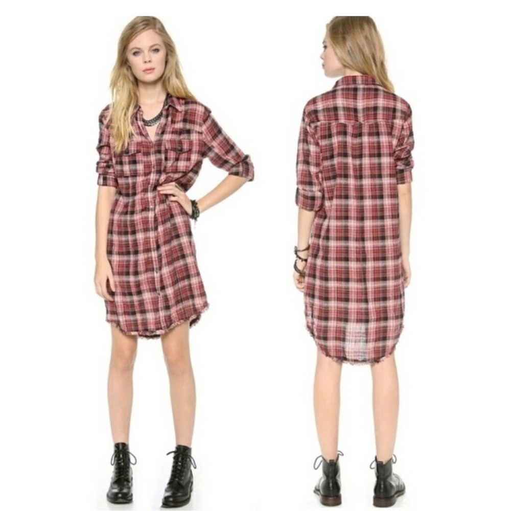 Free People 8 Days A Week Blue Plaid Shirt Dress XS Western Boho